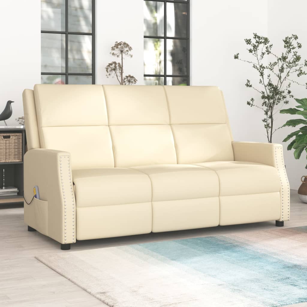 vidaXL Sofá de massagens reclinável 3 lug. couro artificial cor creme
