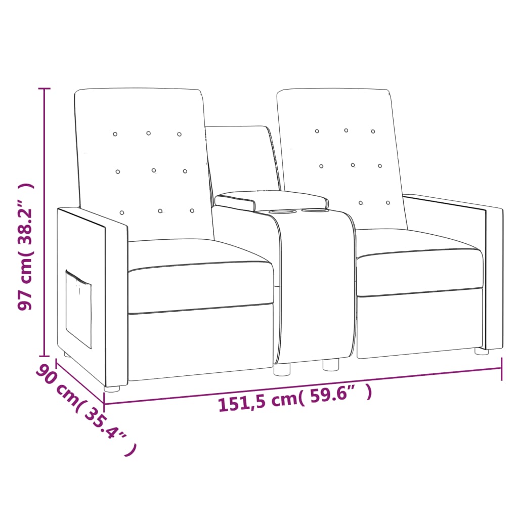2-местен масажен реклайнер с поставка за чаша, кафяв
