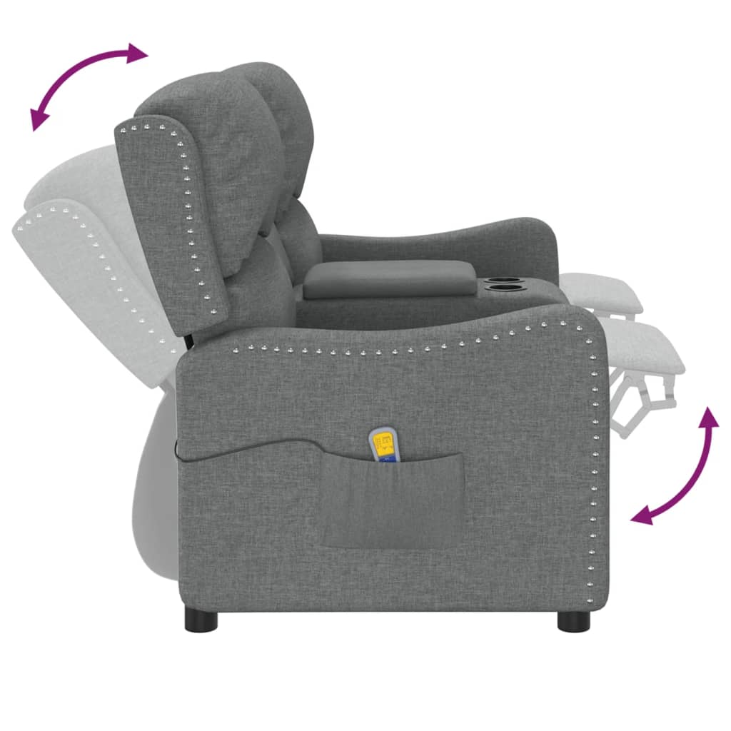 Fotoliu rabatabil masaj 2 loc/suport pahar, gri deschis, textil
