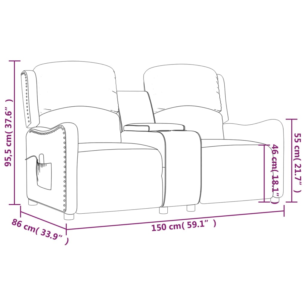 fekete szövet kétszemélyes dönthető masszázsfotel pohártartóval