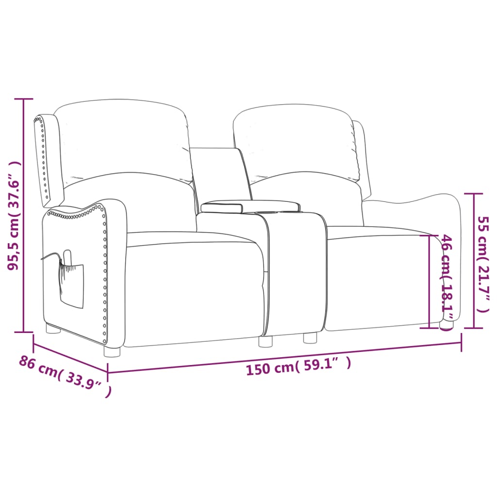 barna szövet kétszemélyes dönthető masszázsfotel pohártartóval