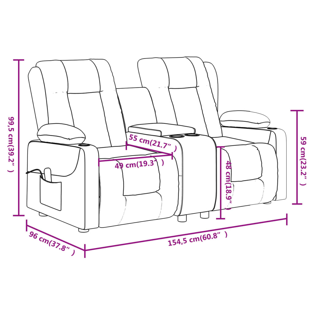 2-местен реклайнер с поставки за чаши, виненочервен, текстил