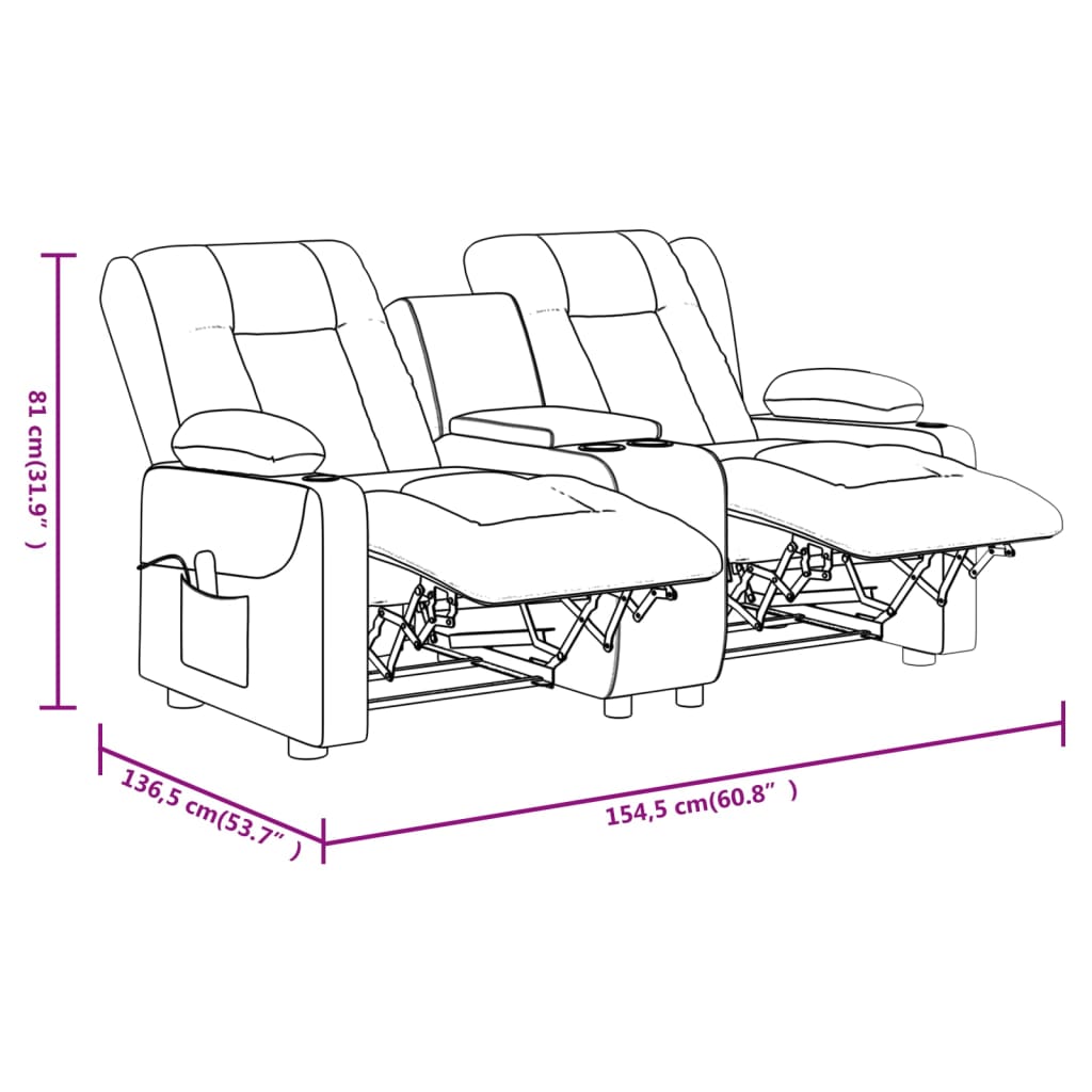 2-местен реклайнер с поставки за чаши, виненочервен, текстил