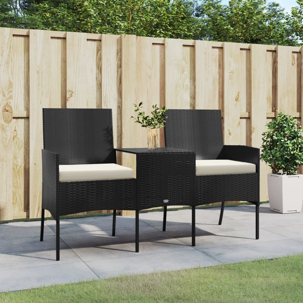 vida XL 2-Sitzer-Gartensofa mit Teetisch Poly Rattan Schwarz
