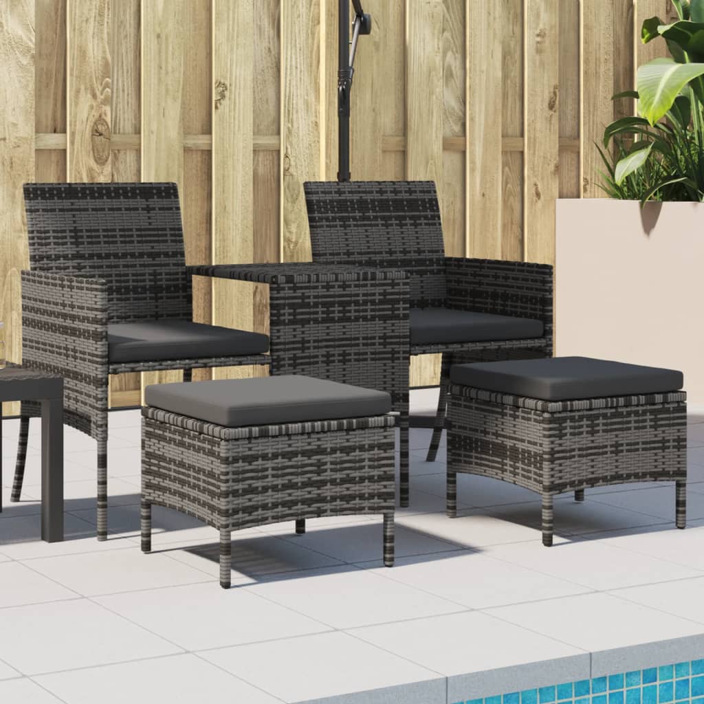 vidaXL Gartensofa 2-Sitzer mit Tisch und Hockern Grau Poly Rattan