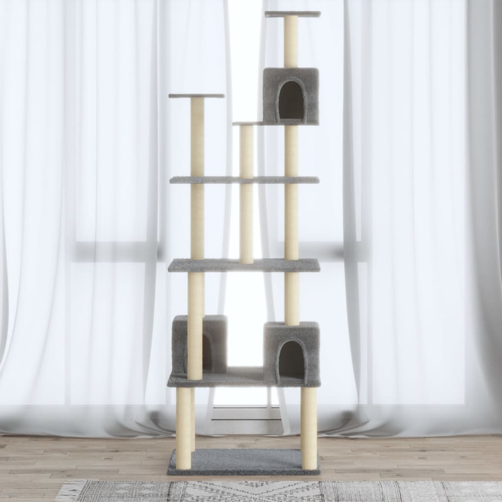 Világosszürke macskabútor szizál kaparófákkal 188 cm 