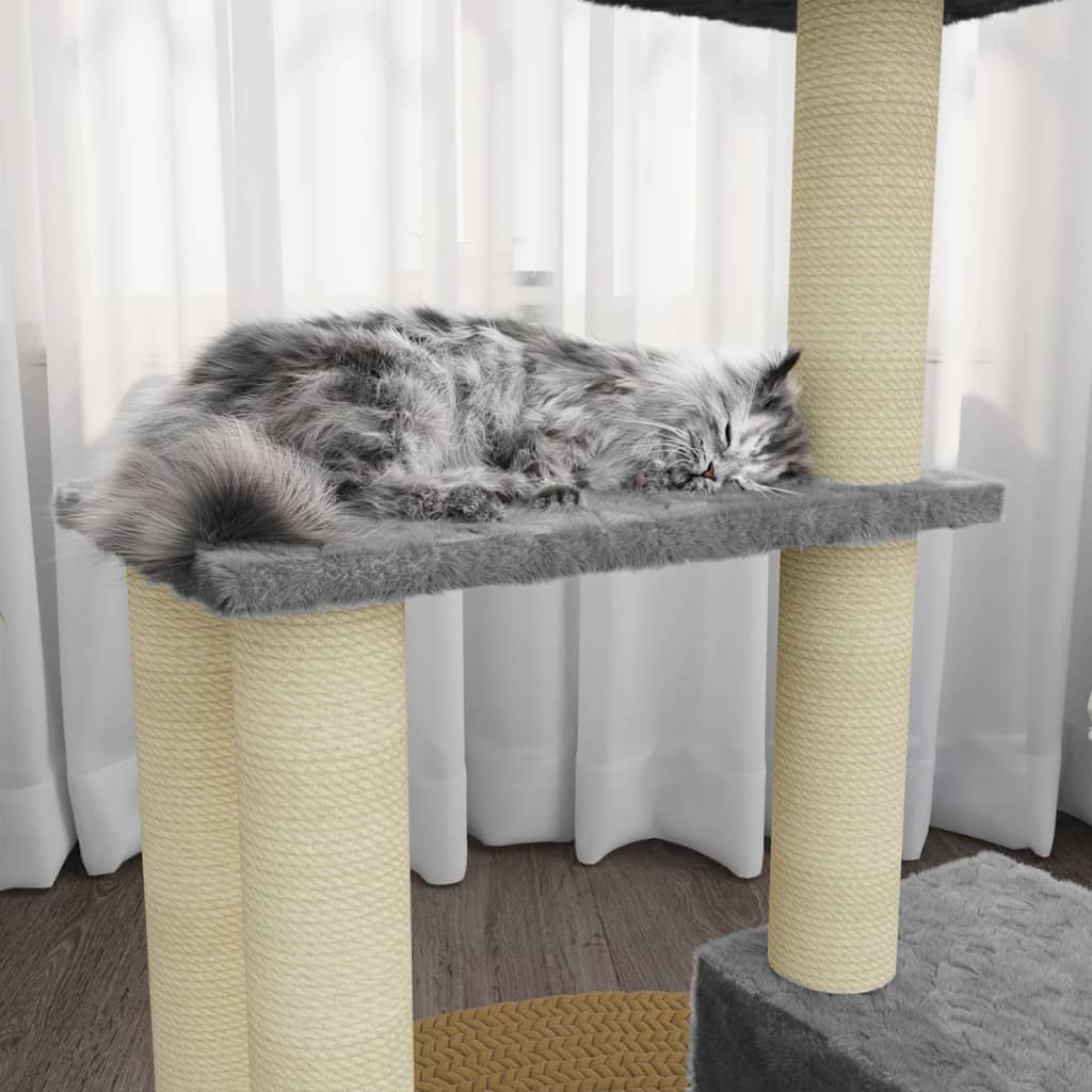 Világosszürke macskabútor szizál kaparófákkal 71 cm 