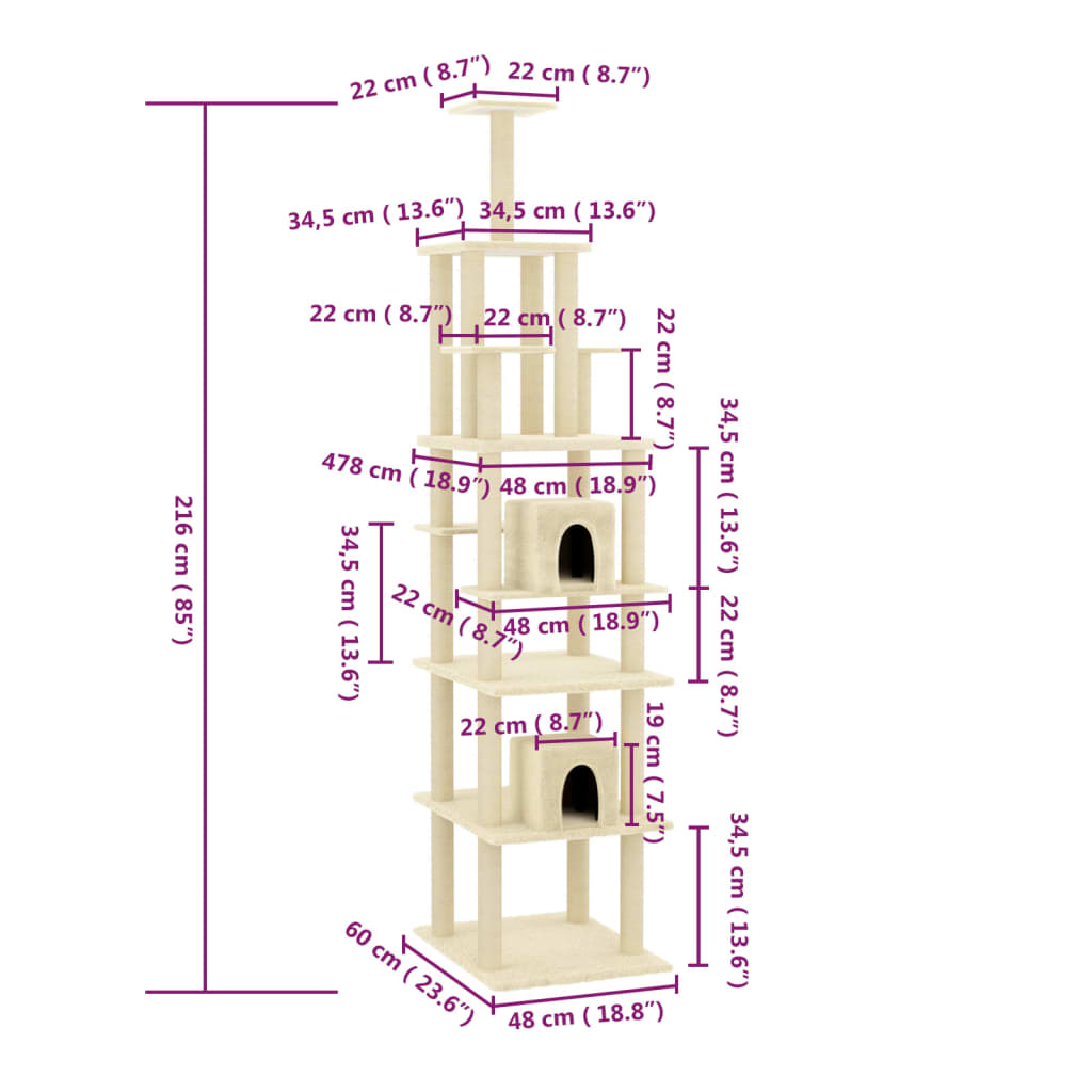 Škrabadlo pro kočky se sisalovými sloupky krémové 216 cm