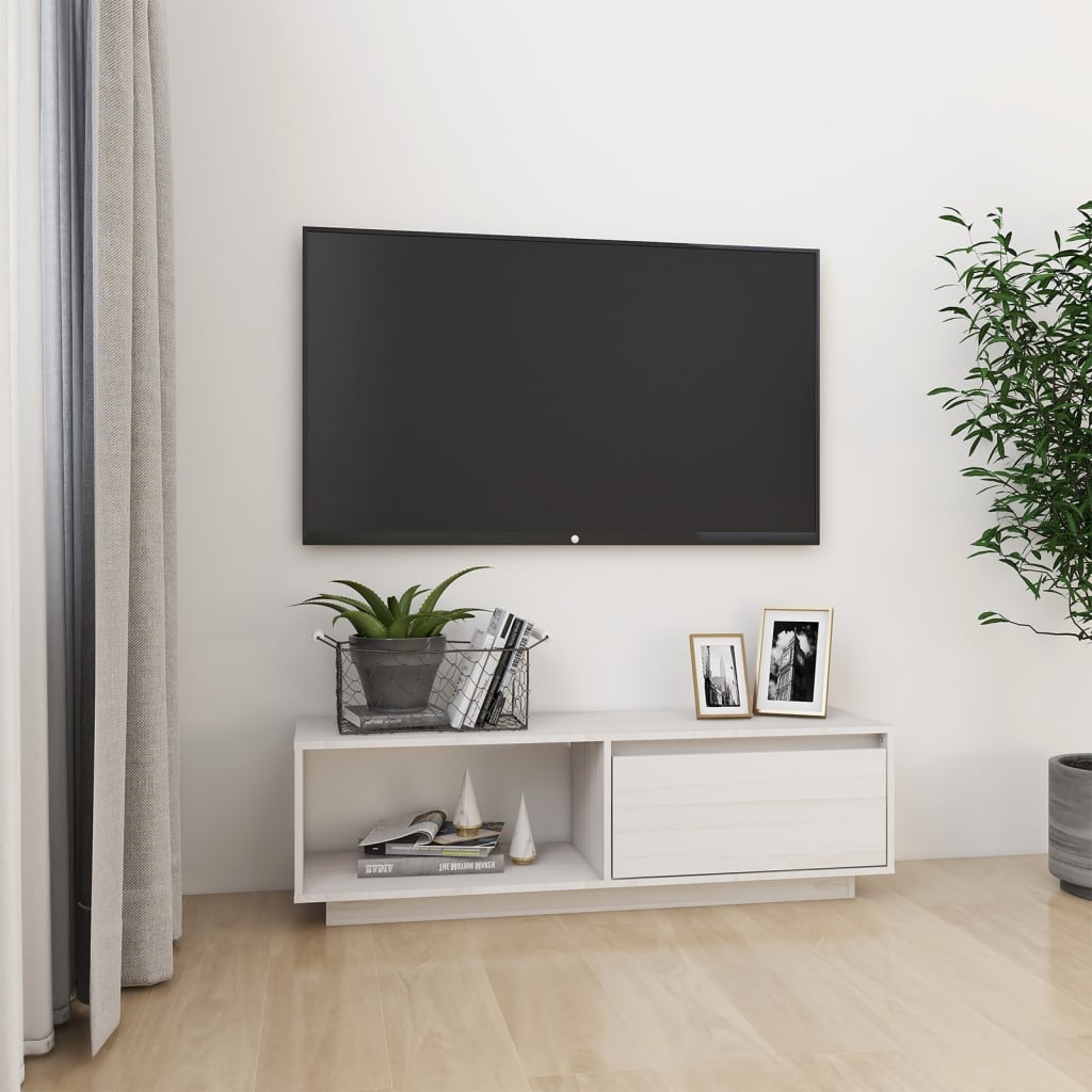 vidaXL Comodă TV, alb, 110x30x33,5 cm, lemn masiv de pin