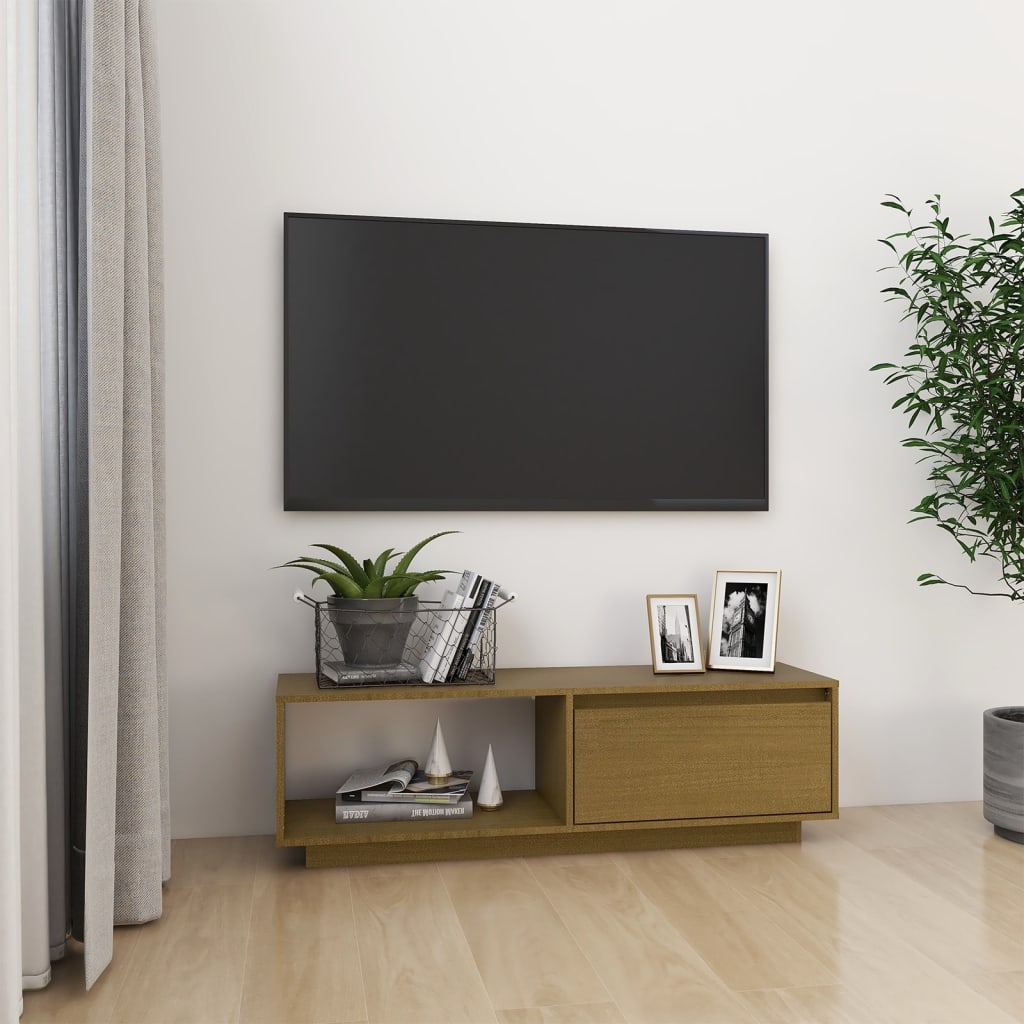Mézbarna tömör fenyőfa TV-szekrény 110 x 30 x 33,5 cm 