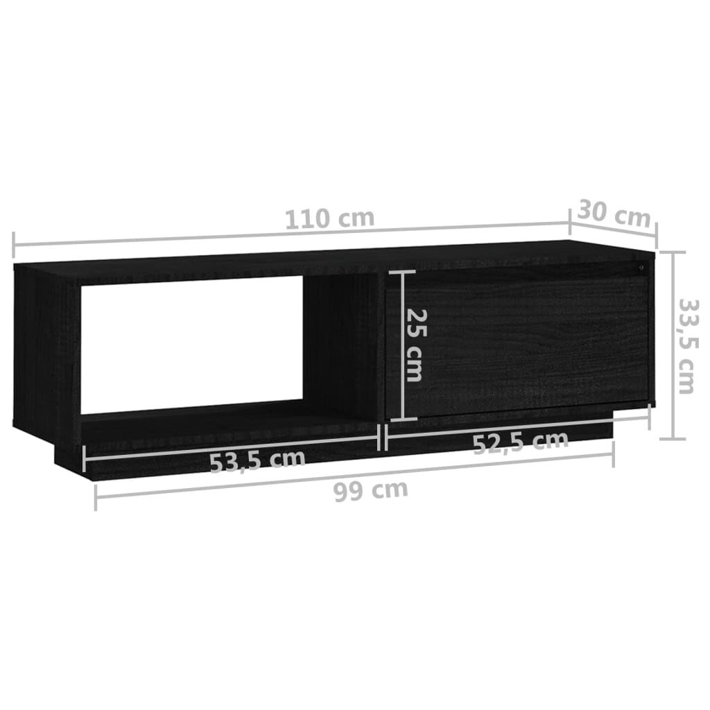 Fekete tömör fenyőfa TV-szekrény 110 x 30 x 33,5 cm 