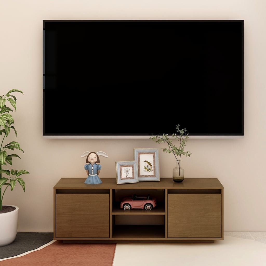 Mézbarna tömör fenyőfa TV-szekrény 110 x 30 x 40 cm 