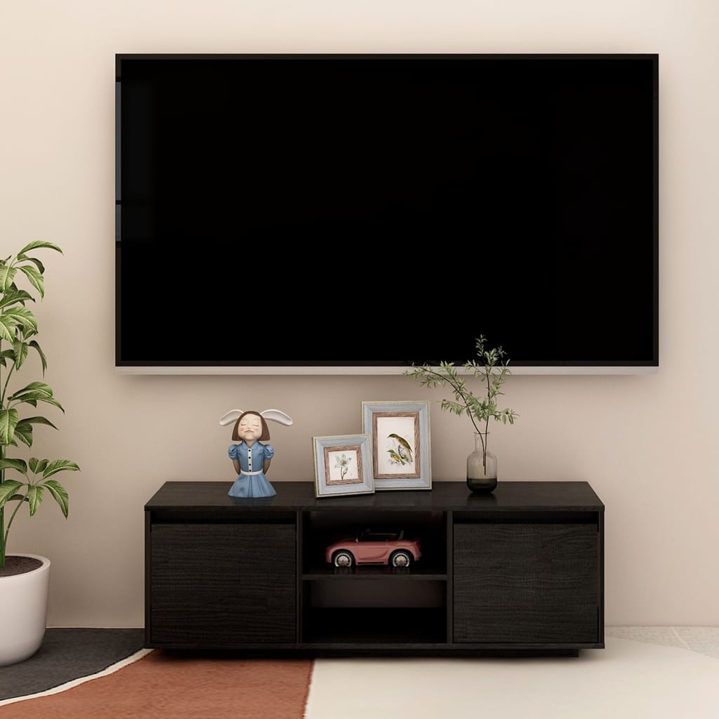 Meuble TV Noir 110x30x40 cm Bois de pin massif | meublestv.fr 2