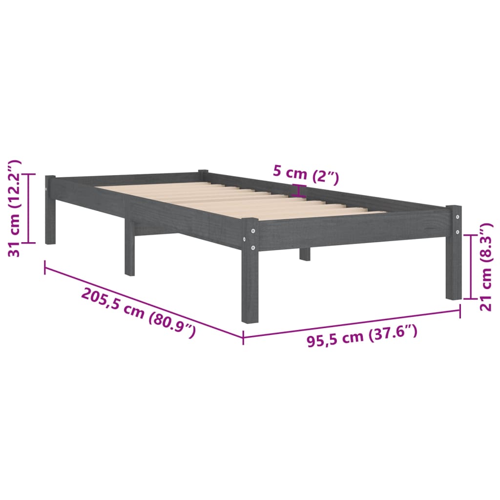 Cadru de pat, gri, 90x200 cm, lemn masiv de pin