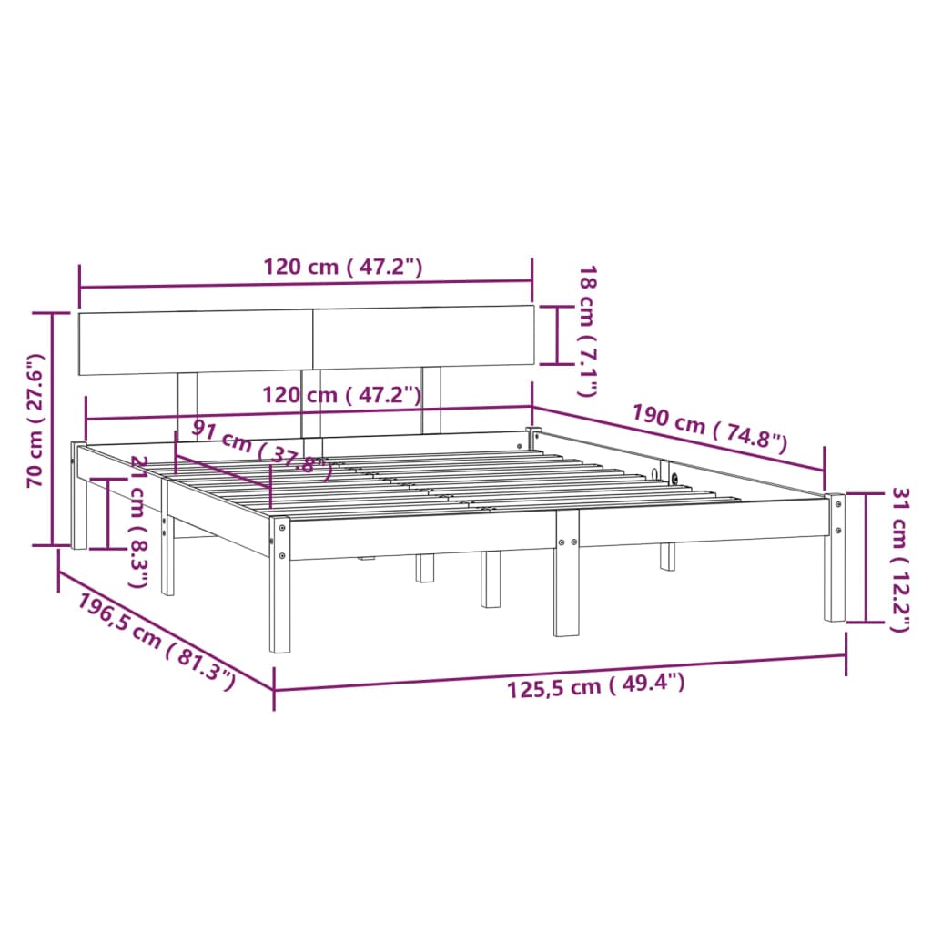 Cadru de pat mic dublu, alb, 120x190 cm, lemn masiv