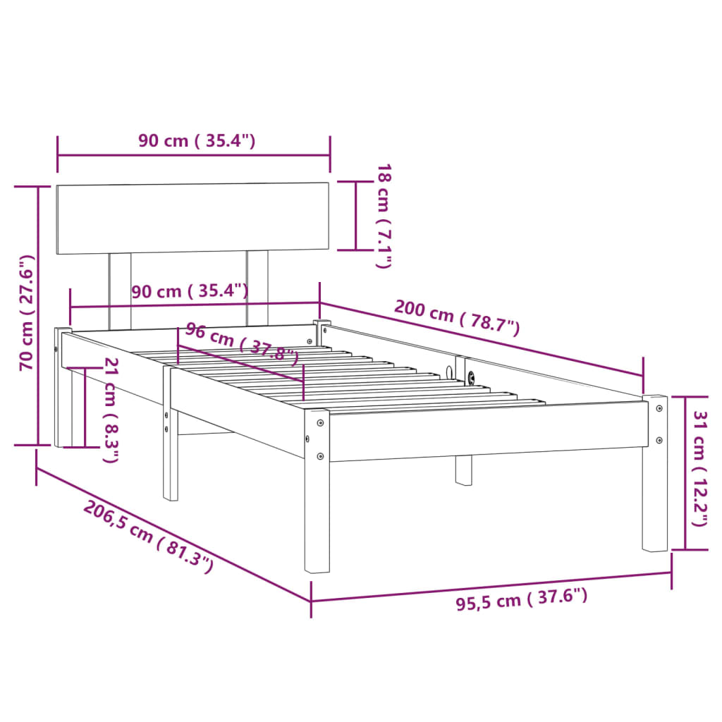 Okvir za krevet od masivne borovine bijeli 90 x 200 cm