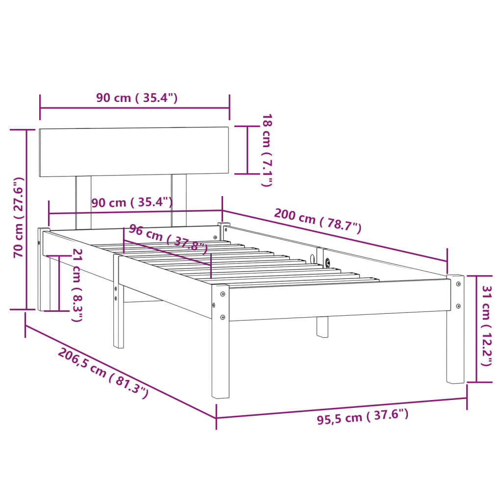 Okvir za krevet od masivne borovine crni 90 x 200 cm