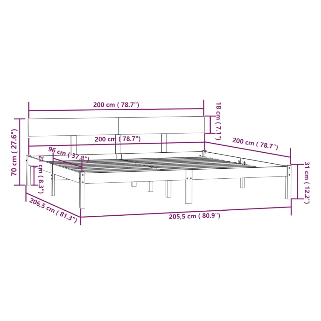 Posteljni okvir siv iz trdne borovine 200x200 cm