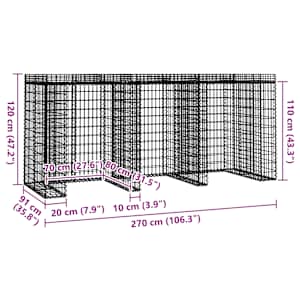 Gabionová stěna na popelnice 270x91x120 cm pozinkované železo - obrázek 5