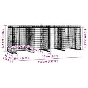 Gabionová stěna na popelnice 350x91x120 cm pozinkované železo - obrázek 5
