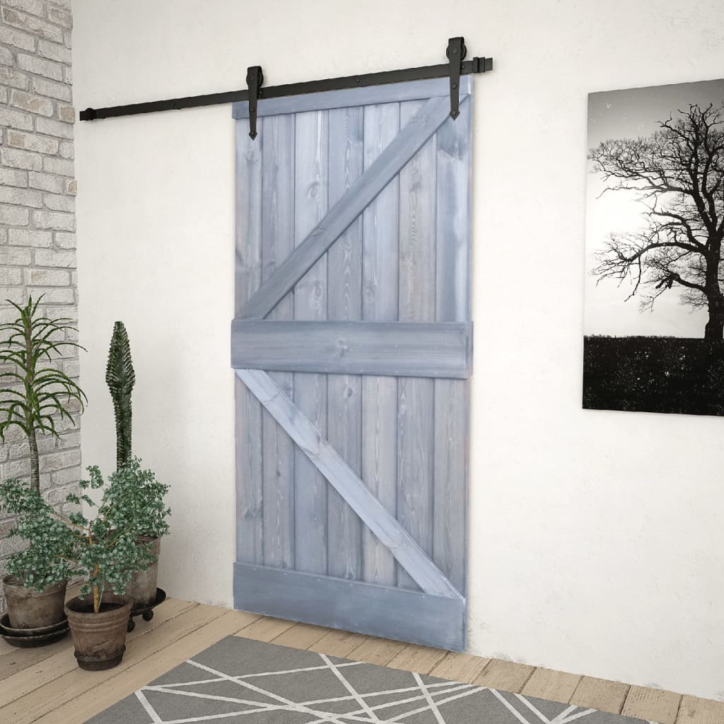 Porta de correr com ferragens 90x210 cm pinho maciço cinzento