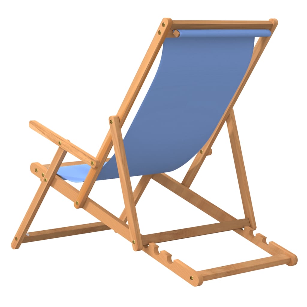 Folding Beach Chair Solid Wood Teak Blue Relax Outdoors