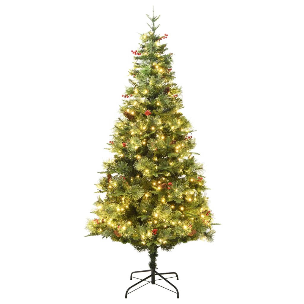 Vánoční stromek s LED diodami a šiškami zelený 195 cm PVC a PE