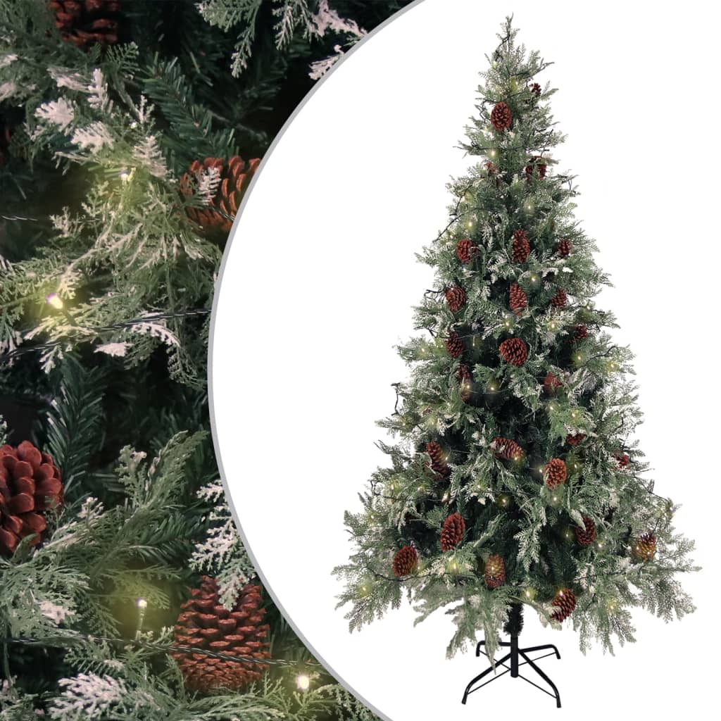 vidaXL Sapin de Noël LED et pommes de pin Vert/Blanc 225 cm PVC et PE