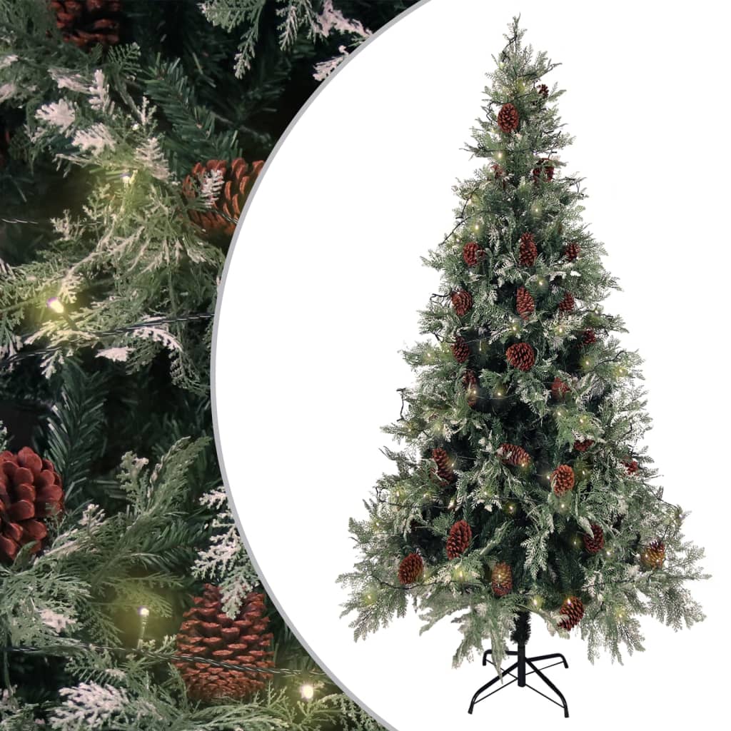 vidaXL Árvore de Natal com LEDs e pinhas 225 cm PVC e PE verde/branco |  
