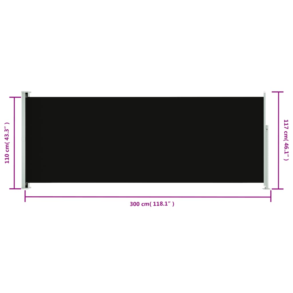 Fekete behúzható oldalsó terasznapellenző 117 x 300 cm 