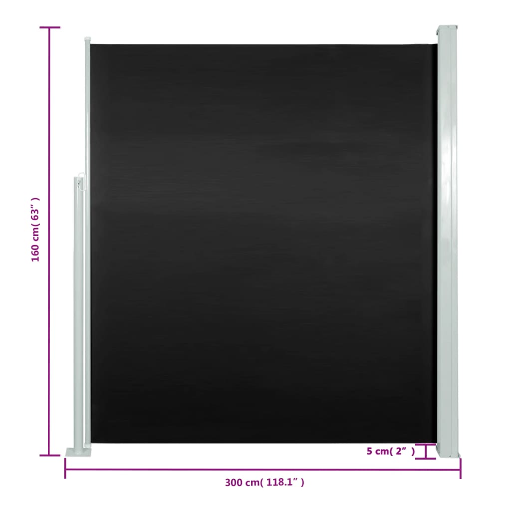 Fekete behúzható oldalsó terasz napellenző 160 x 300 cm 