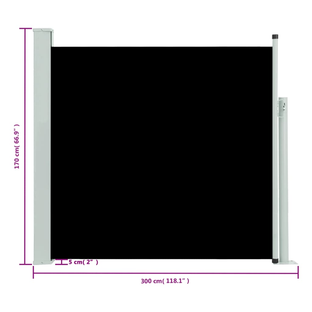 fekete kihúzható oldalsó terasznapellenző 170 x 300 cm