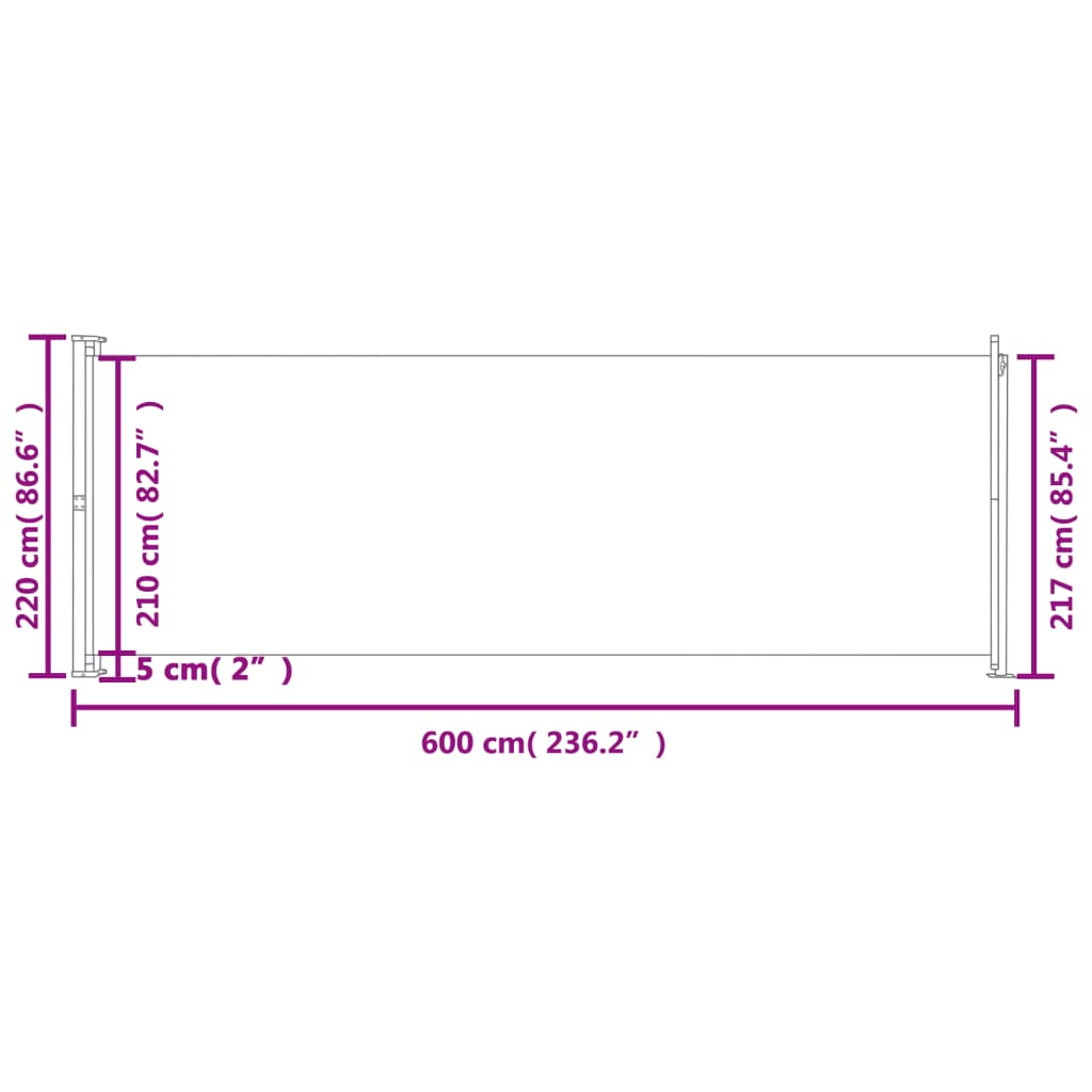 fekete behúzható oldalsó terasznapellenző 220 x 600 cm