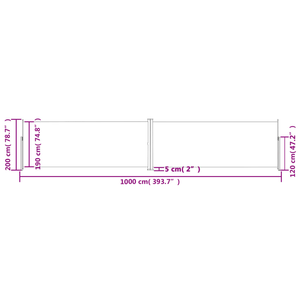 antracitszürke behúzható oldalsó napellenző 200 x 1000 cm