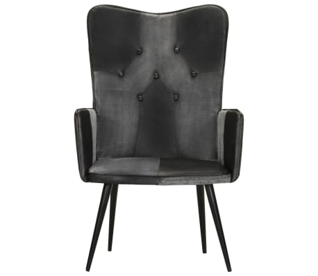 vidaXL Wingback стол, черно и сиво, естествена кожа