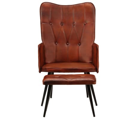 vidaXL Wingback стол с табуретка, кафяв, естествена кожа