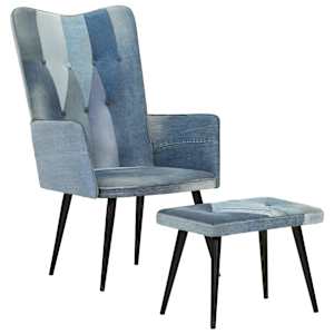 Křeslo s podnožkou modré denim patchwork plátno