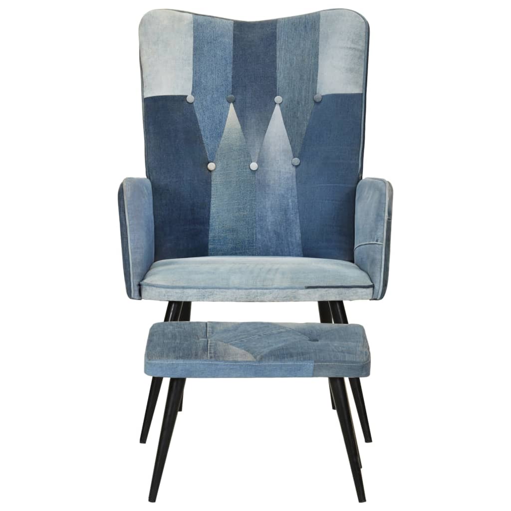 vidaXL Fauteuil met voetensteun patchwork canvas blauw denim afbeelding