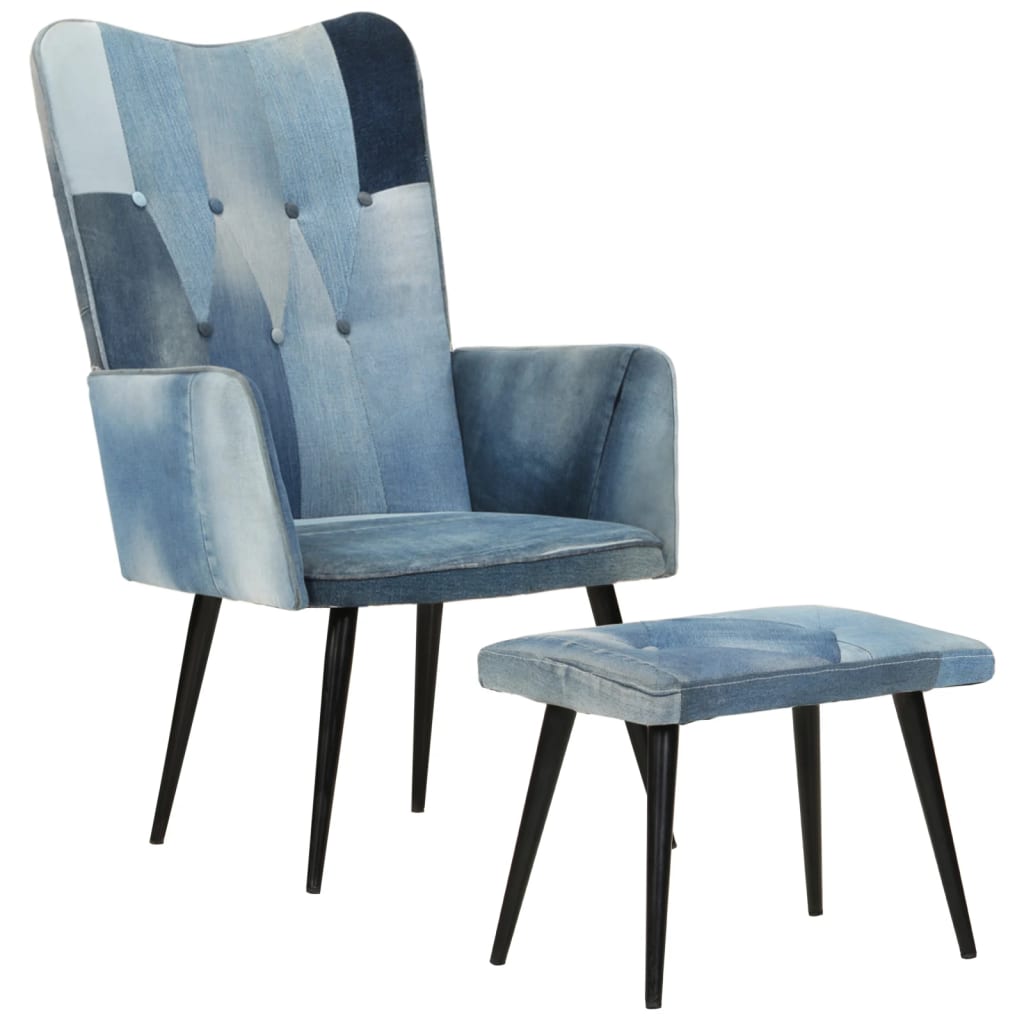 atpūtas krēsls ar kājsoliņu, zila džinsa tekstilmozaīkas audums