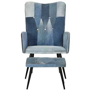 Křeslo s podnožkou modré denim patchwork plátno - obrázek 2