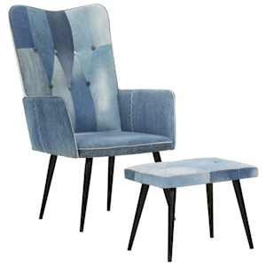 Křeslo s podnožkou modré denim patchwork plátno - obrázek 11
