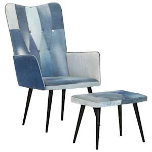 Křeslo s podnožkou modré denim patchwork plátno - obrázek 12