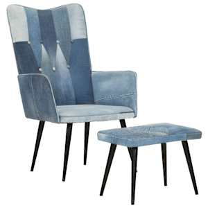 Křeslo s podnožkou modré denim patchwork plátno - obrázek 14