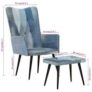 Křeslo s podnožkou modré denim patchwork plátno - obrázek 10