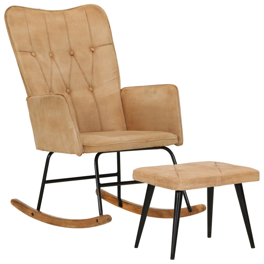 šūpuļkrēsls ar kājsoliņu, krēmkrāsas vintāžas audums