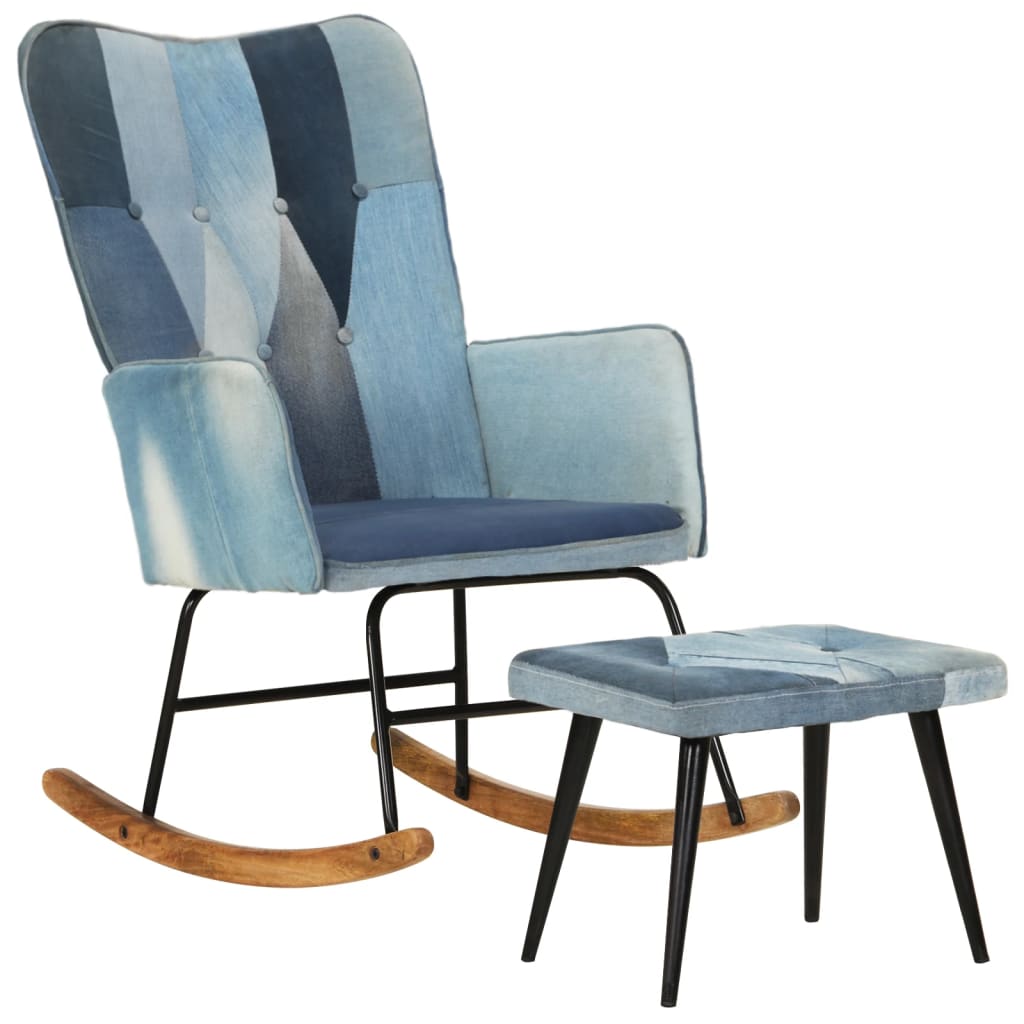 vidaXL lænestol med fodskammel denim-patchwork lærred blå
