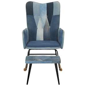 Houpací křeslo s podnožkou modré denim patchwork plátno - obrázek 2