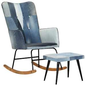Houpací křeslo s podnožkou modré denim patchwork plátno - obrázek 11
