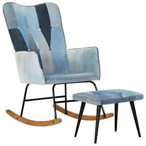 Houpací křeslo s podnožkou modré denim patchwork plátno - obrázek 13