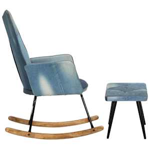 Houpací křeslo s podnožkou modré denim patchwork plátno - obrázek 3